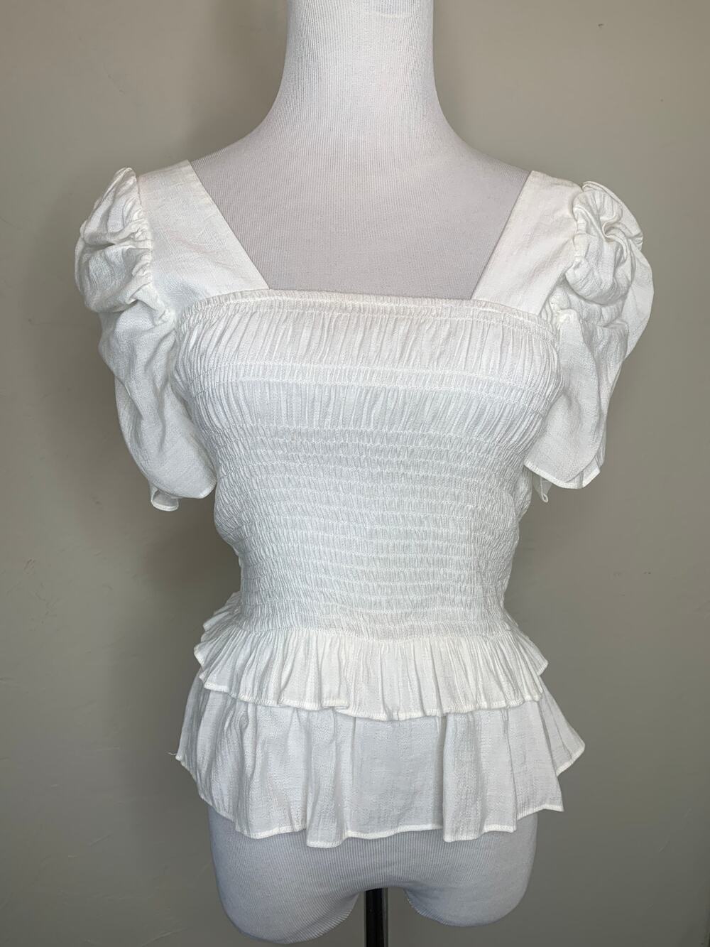 Lucy Paris Smocked Puff Sleeve White Top Sz XS